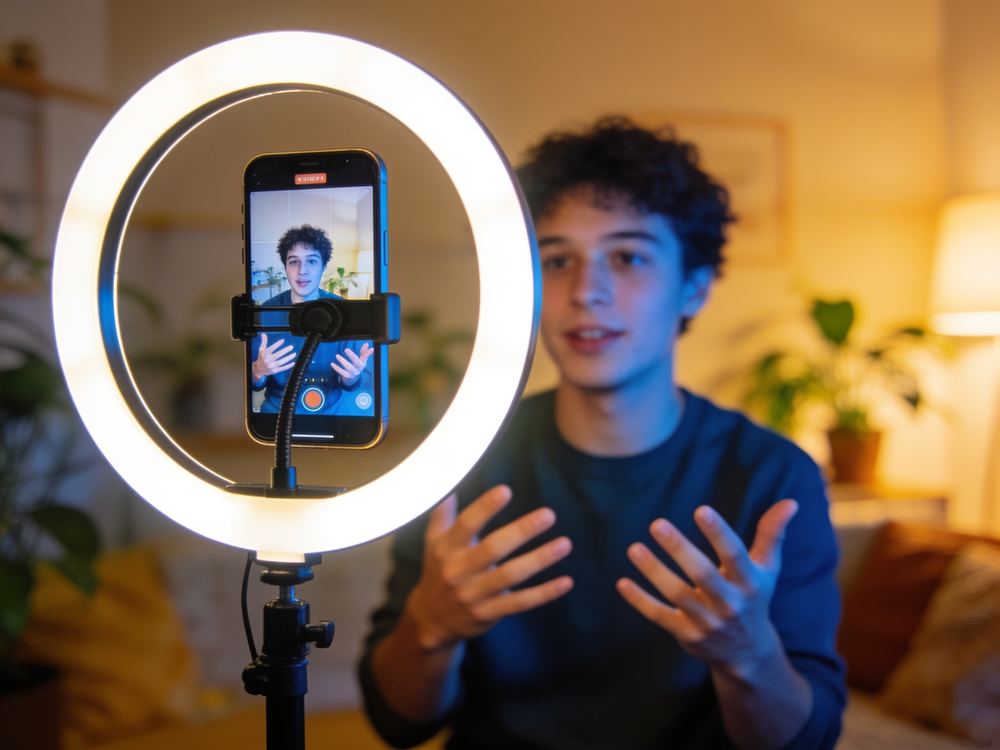 A creator filming content at home