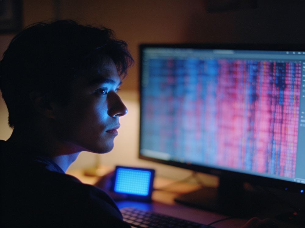 A creator live-streaming at night